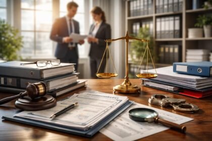 Jogi eszközök és ügyvédi dokumentumok egy irodában