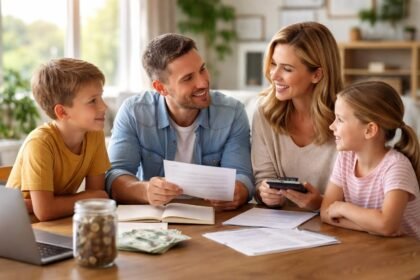 Család pénzügyekről beszélget a gyerekekkel az asztalnál