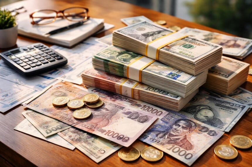 Pénz és kalkulátor elhelyezve egy asztalon, deviza készpénz és forint bankjegyek széles választéka.