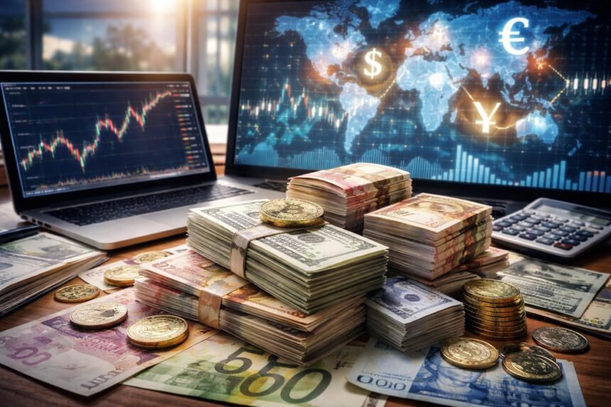 Pénz és devizaárfolyamok grafikonokkal az üzleti világban