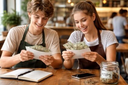Fiatal diákok örömmel nézik az első fizetésüket