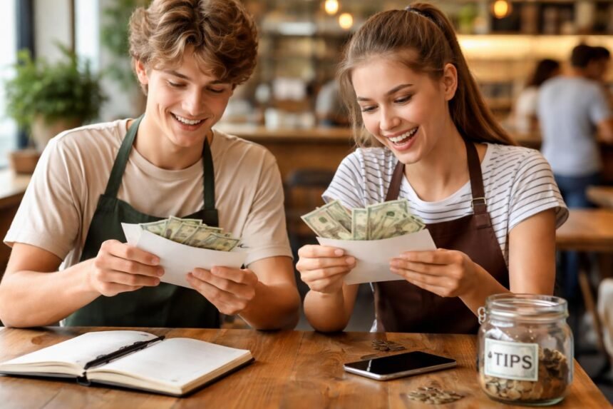 Fiatal diákok örömmel nézik az első fizetésüket
