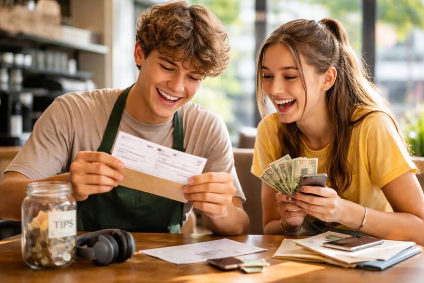 Diákok boldogan nézik az első fizetésüket és a zsebpénzüket.