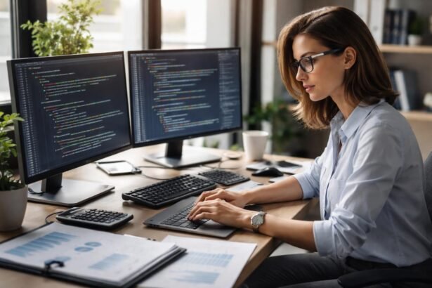 Nő pénzügyi munkahelyen, Python és SQL programkód előtt