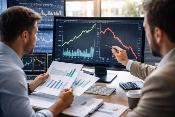 Két elemző valuták mozgásáról grafikonokon, piaci elemzés.