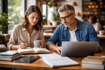 Két ember tanul együtt egy kávézóban, élethosszig tartó tanulás témában.