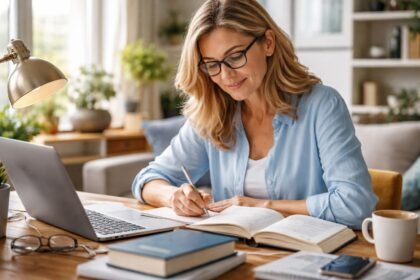 Nő tanulás közben, könyvek és laptop mellett, otthoni környezetben.