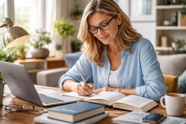 Nő tanulás közben, könyvek és laptop mellett, otthoni környezetben.