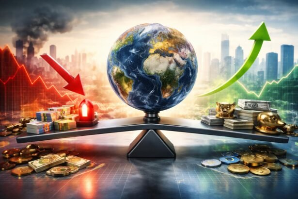 Földgolyó, pénzügyi szimbólumok és növekedési mutatók egyensúlyban