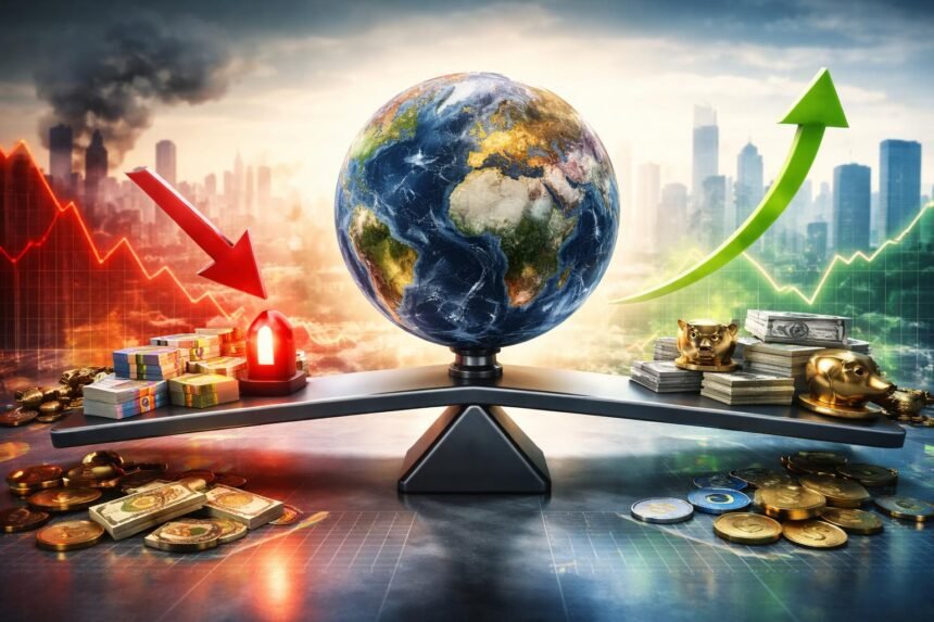 Földgolyó, pénzügyi szimbólumok és növekedési mutatók egyensúlyban