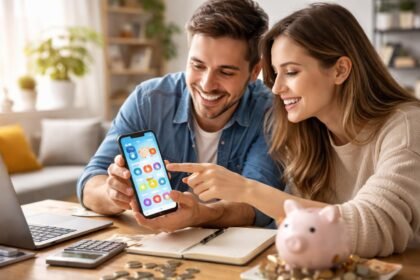 Fiatal pár pénzügyi applikációt használ laptop mellett.