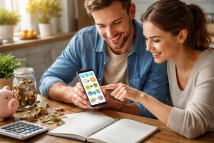 Fiatal pár pénzügyi applikációt használ a pénzügyi neveléshez.