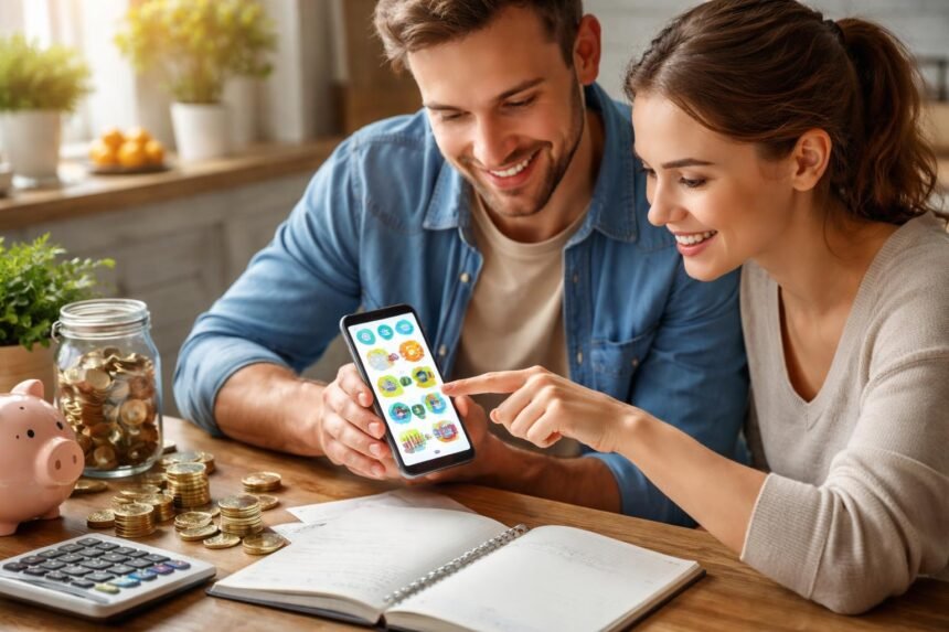 Fiatal pár pénzügyi applikációt használ a pénzügyi neveléshez.