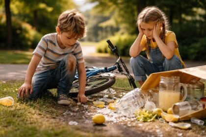 Két gyerek szomorúan nézi a földre borult citromot és üvegeket.