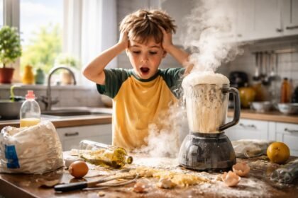 Gyerek a konyhában, aki megijedt a turmixgép szószétfröccsenésétől.