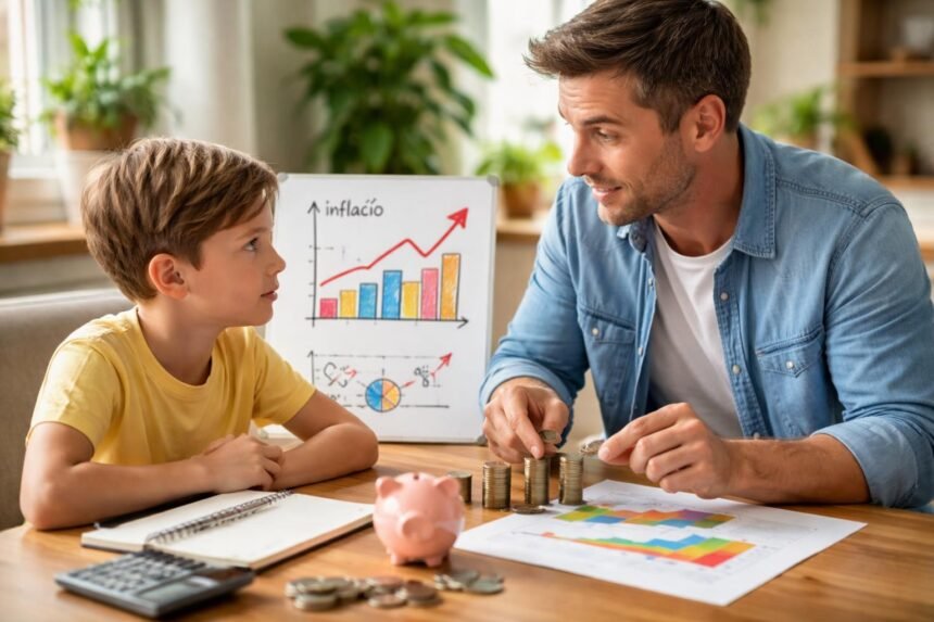Egy felnőtt és egy gyermek az inflációról és pénzügyekről beszélgetnek.