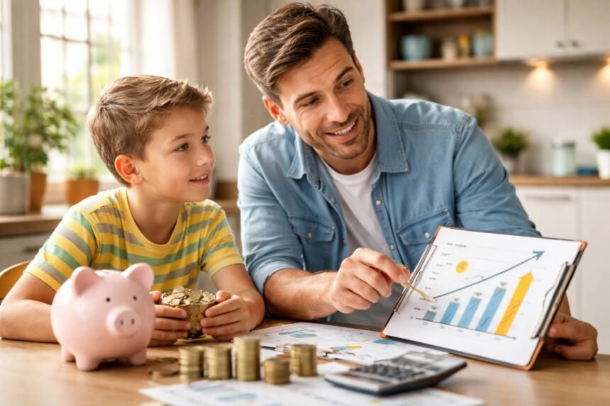 Apuka és fia közösen tanulnak a pénzügyi alapismeretekről.