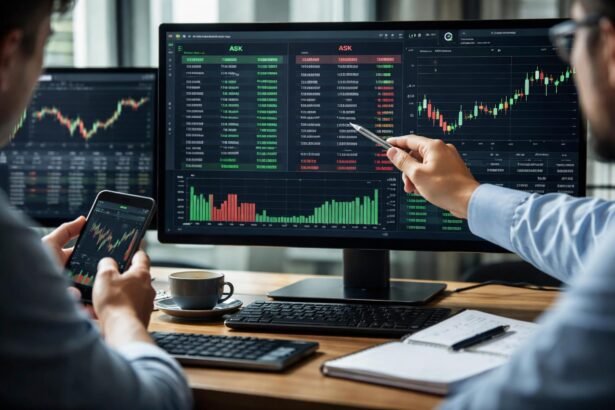 Kereskedők az ajánlati könyv elemzésénél és a piaci adatok megfigyelésénél.