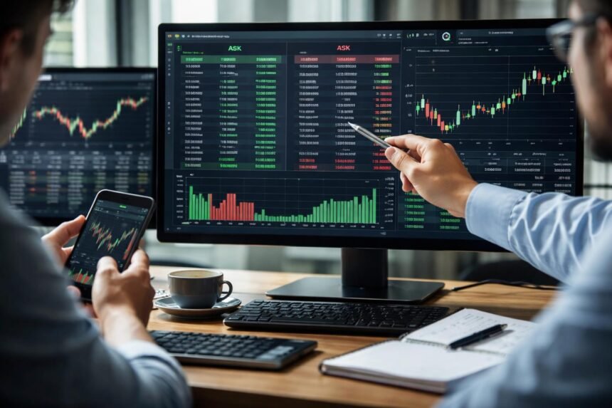 Kereskedők az ajánlati könyv elemzésénél és a piaci adatok megfigyelésénél.