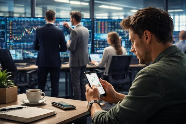 Befektető elemzi a pénzügyi piacokat egy modern irodában.