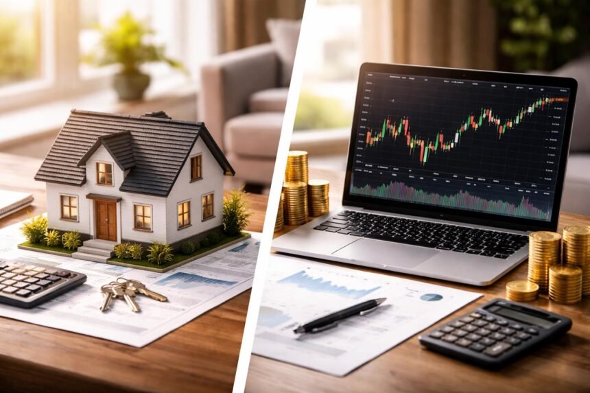 Ingatlan makett és tőzsdei grafikon, befektetések összehasonlítása