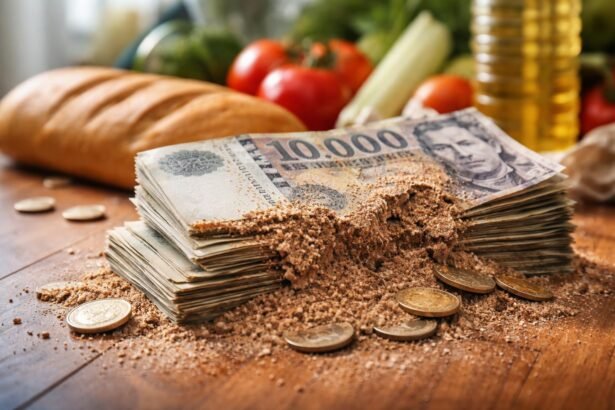 Készpénz és élelmiszerek asztalon, magas infláció során