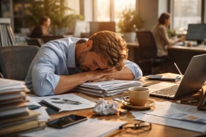 Fáradt férfi dolgozik az asztalán, kiégés jelei láthatók.