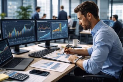 Kockázatkezelő elemző munkája a pénzügyi központban