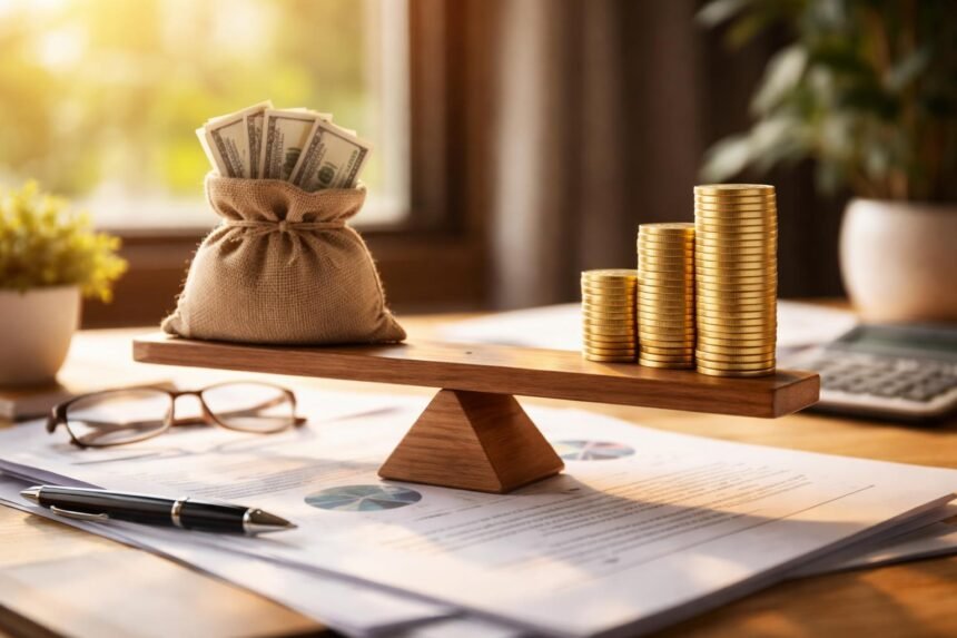 Pénzügyi kockázat és hozam, aranyérmék és dollár bankjegyek.