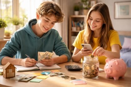 Két tinédzser pénzügyi tervezés közben, notesz és pénzérmék a asztalon.