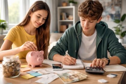 Két tinédzser pénzügyi tervezés közben, zseb- és megtakarítási könyvekkel.