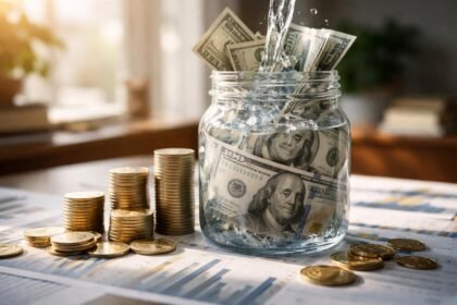 Pénzügyi likviditás, vízzel teli befőttesüveg és dollárok.