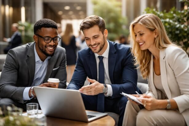 Három üzletember közösen dolgozik egy laptopnál