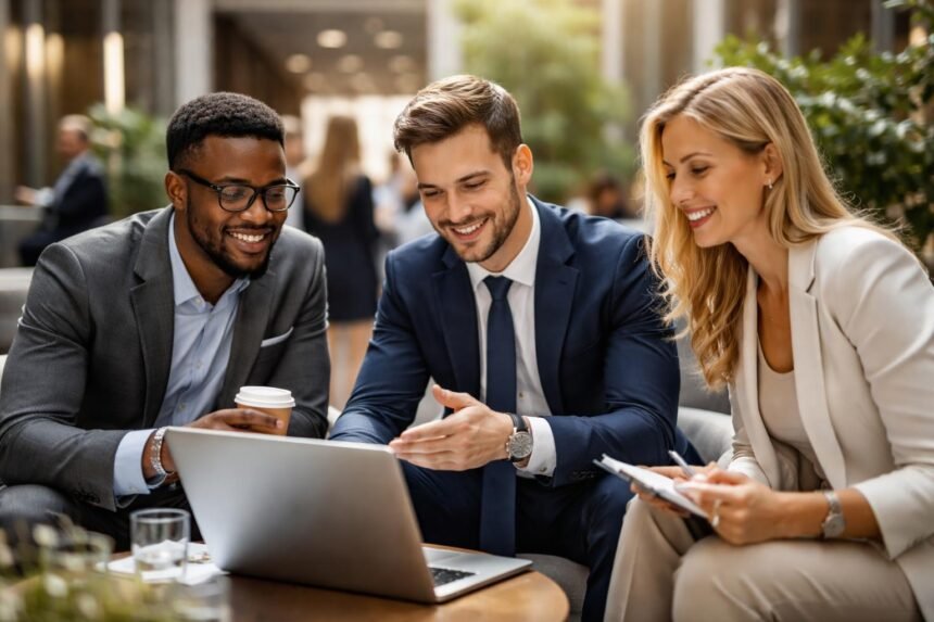 Három üzletember közösen dolgozik egy laptopnál