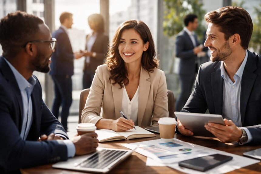 MBA hallgatók üzleti megbeszélésen kényelmes környezetben.