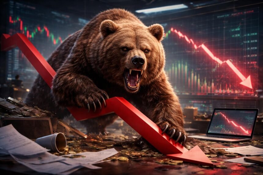 Medve a tőzsdén, piaci visszaesés és grafikonok háttérben.