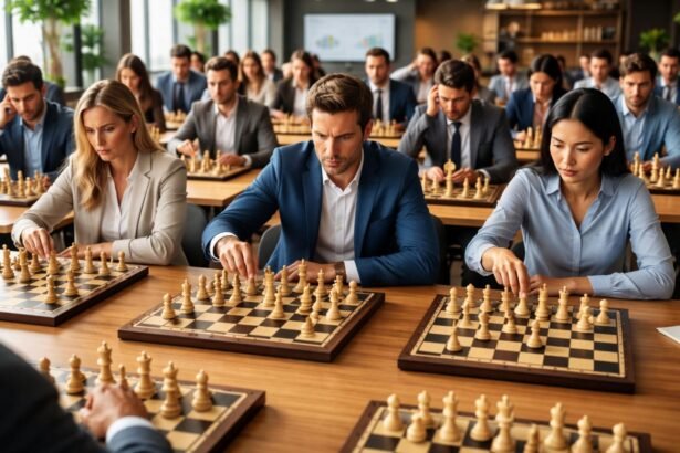 Csoportos sakkjátszma vállalati környezetben.