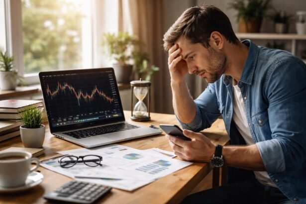 Férfi stresszeli a piaci adatok elemzését a laptopján