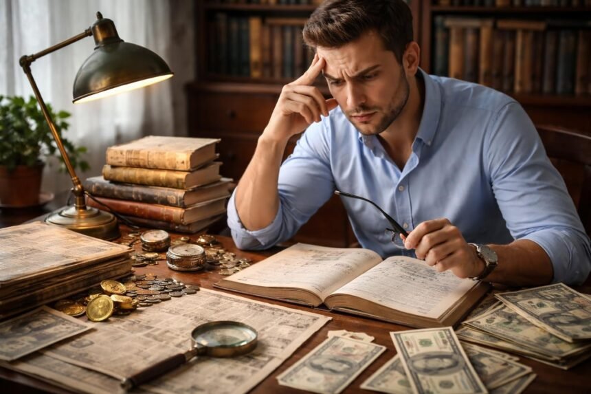 Férfi pénzügyi történelemről tanuló könyvekkel és pénzzel.