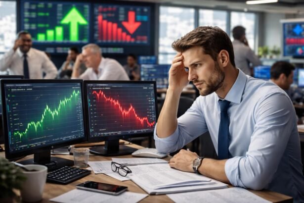 Férfi aggódik a tőzsde adatai miatt számítógép előtt