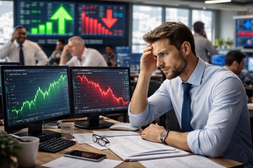 Férfi aggódik a tőzsde adatai miatt számítógép előtt