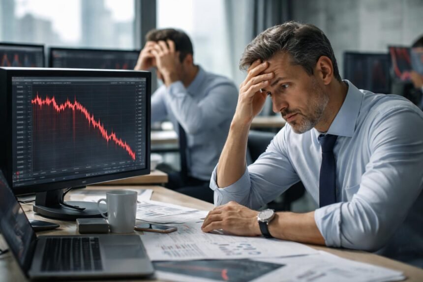 Pénzügyi elemzők a piacon, akik aggódnak a csökkenő tendencia miatt.