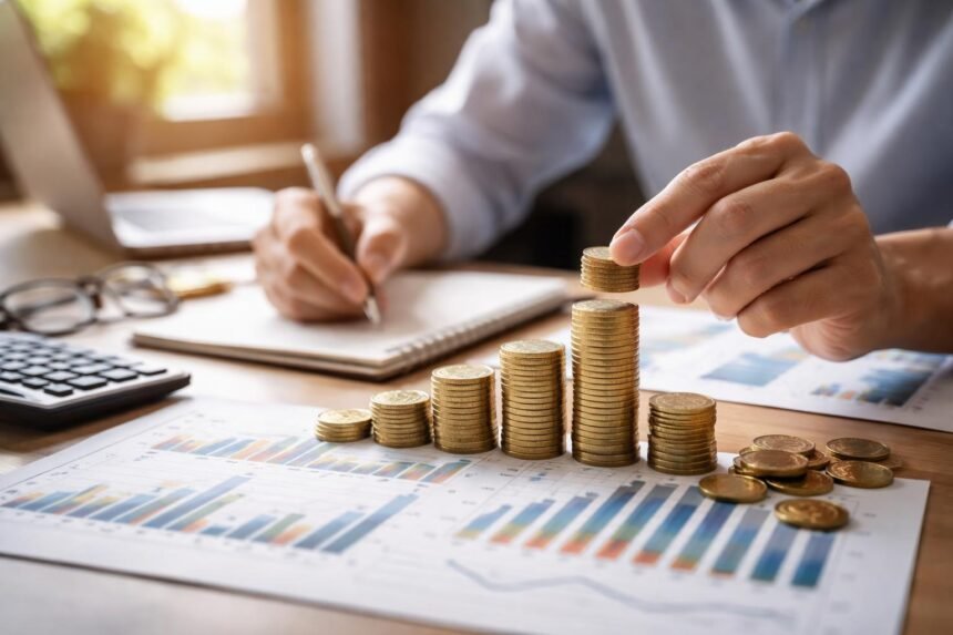 Pénzügyi elemzés és nyereség realizálása grafikonokkal.