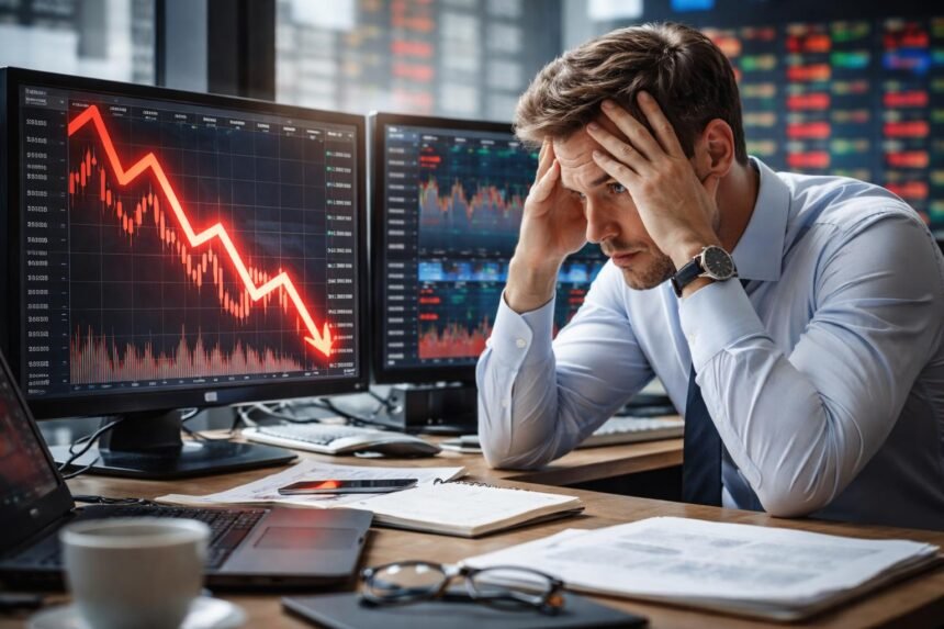 Stresszes kereskedő a tőzsdén, csökkenő grafikon előtt.