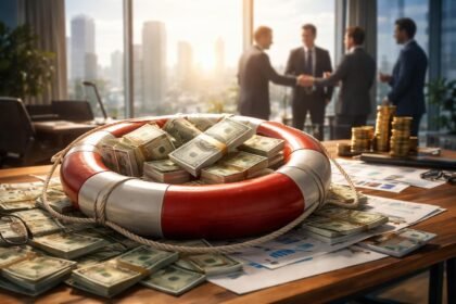 Pénzügyi mentőöv, amely bankjegyekkel van tele egy üzleti környezetben