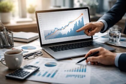 Elemzés pénzügyi grafikonokkal és számítógéppel befektetési lehetőségekről.