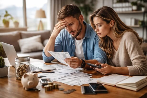 Pár pénzügyi tervezési feladatokkal foglalkozik, számítógép és jegyzetek mellett.