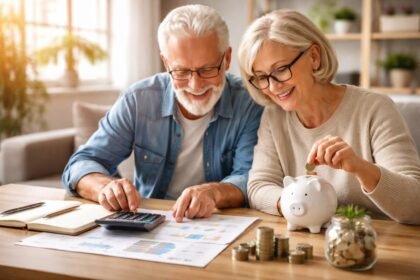 Idős pár nyugdíjcélú megtakarításokat tervez a számológép mellett.
