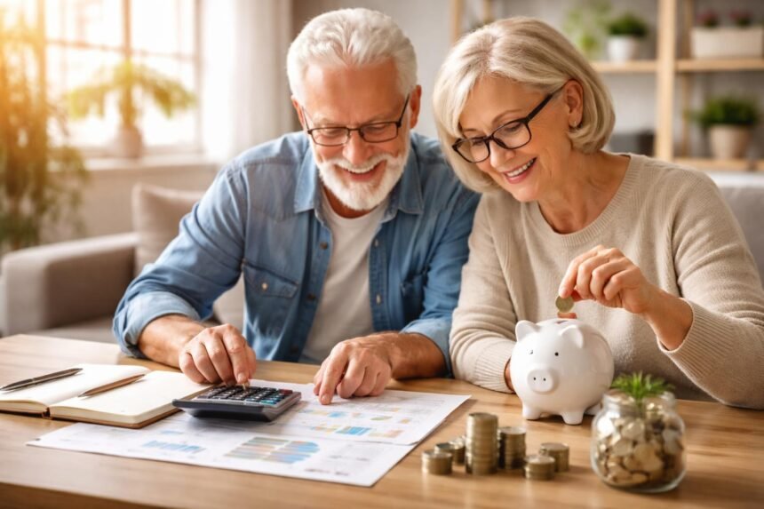 Idős pár nyugdíjcélú megtakarításokat tervez a számológép mellett.