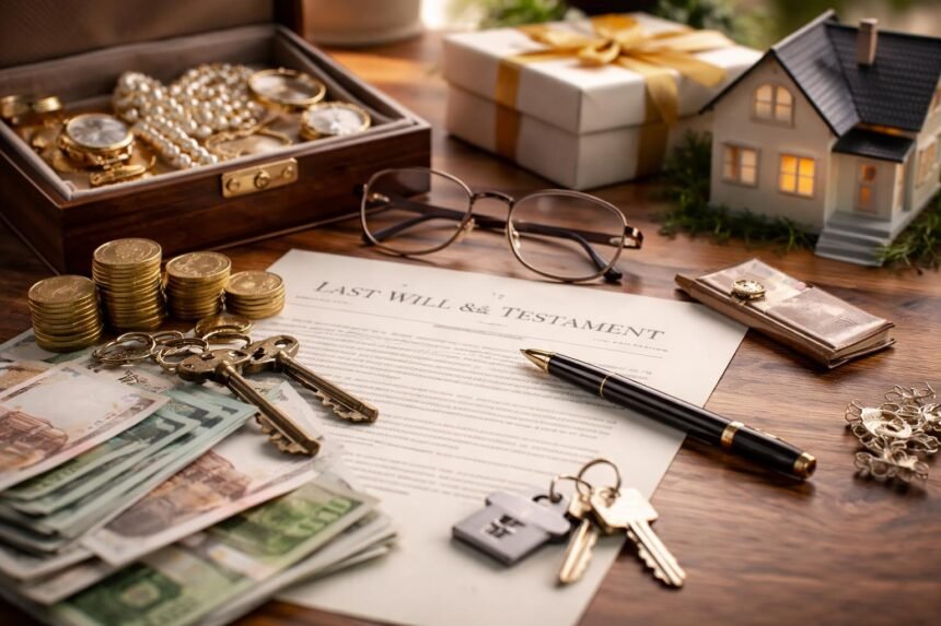 Öröklési dokumentum pénz, ékszerek és kulcsok mellett.